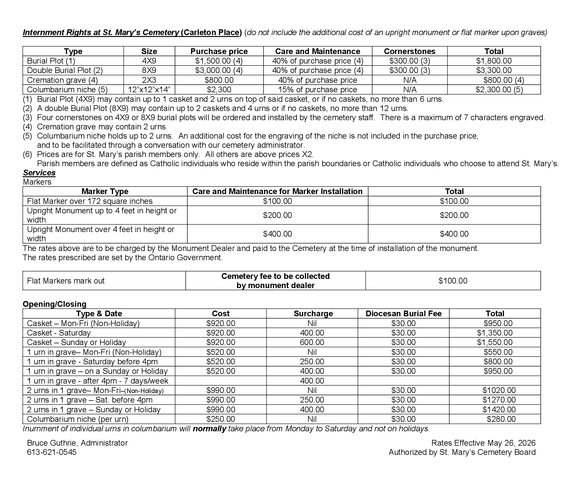 Cemetery price list